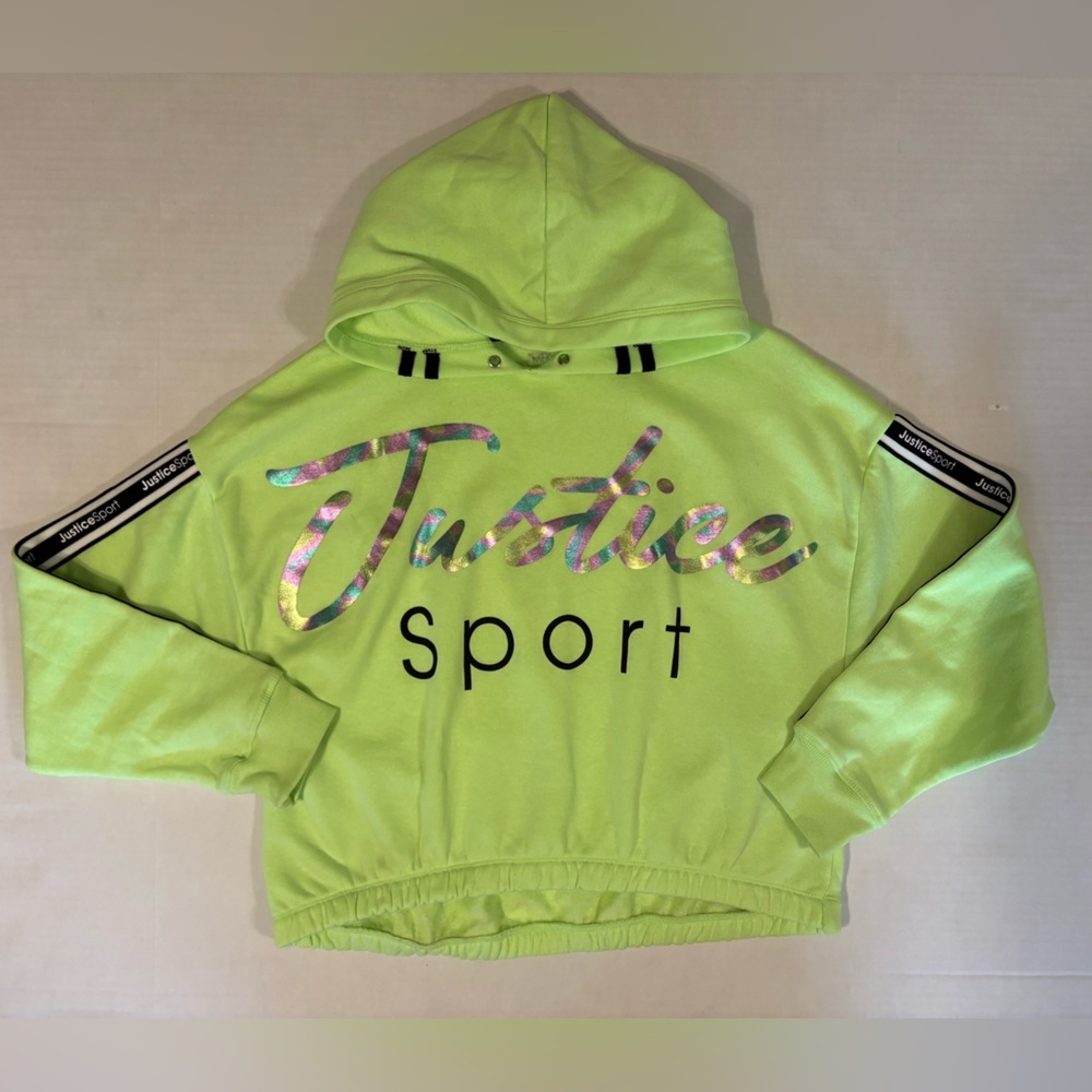 Justice Sport cropped lime green hoodie metallic graphic logo size girls XL